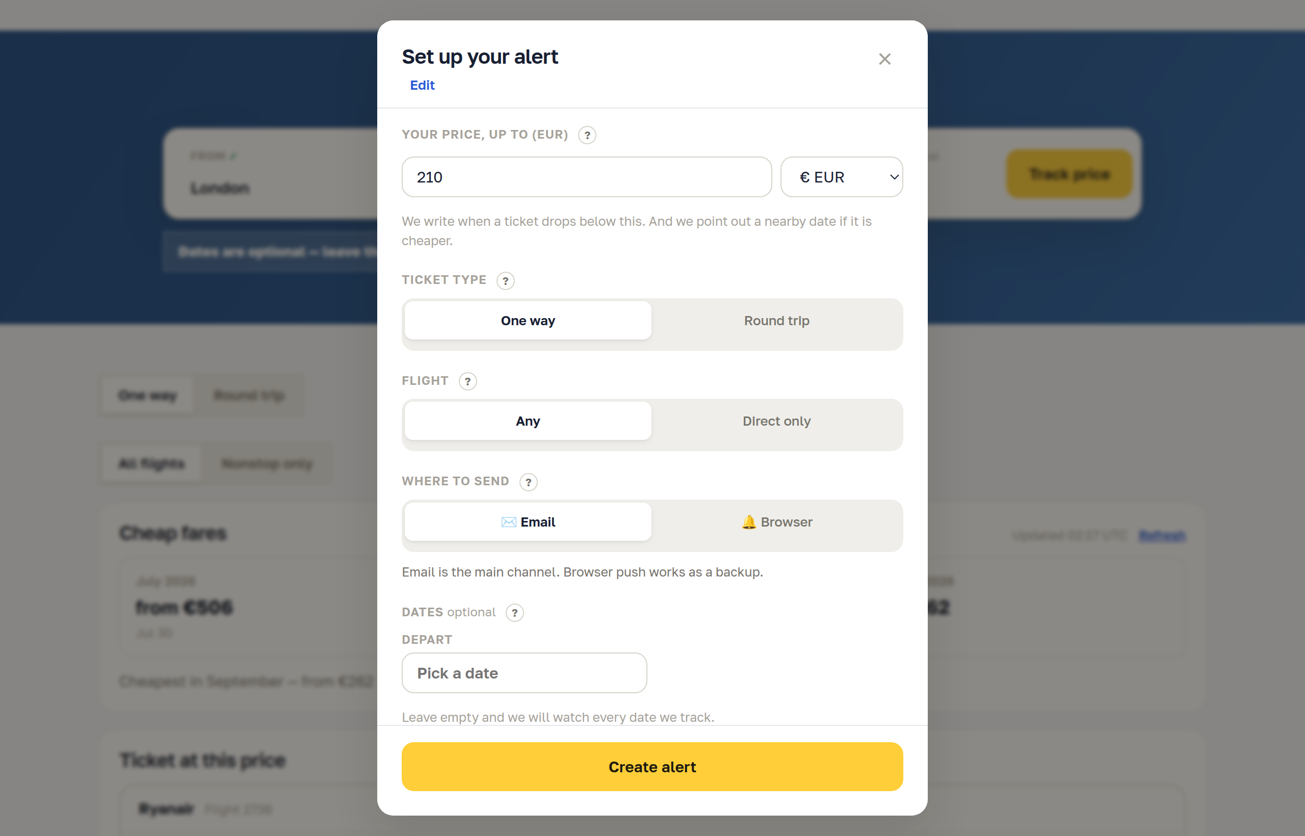 Alert dialog: your price, ticket type, flight filter and channel
