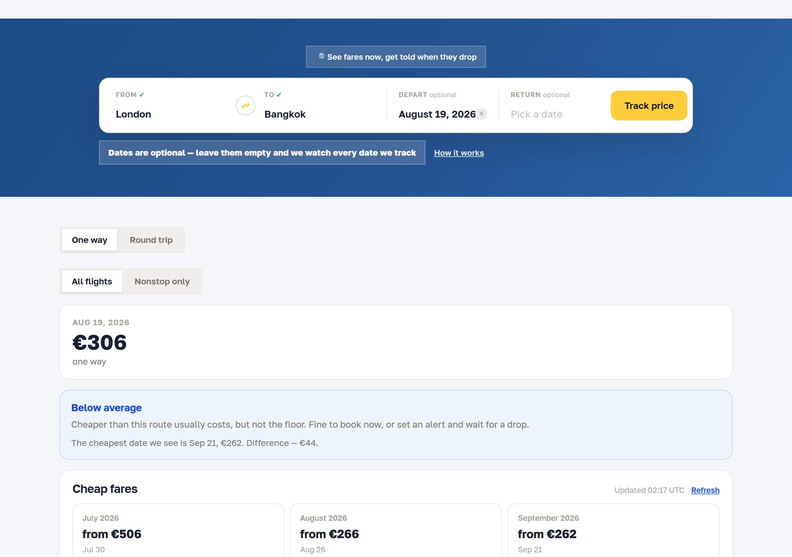 Route page with the fare for a date, a verdict and cheap months
